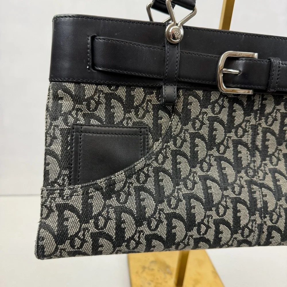 Christian Dior Trotter Canvas Logo Tote Bag Black Leather Trim‎ Vintage
